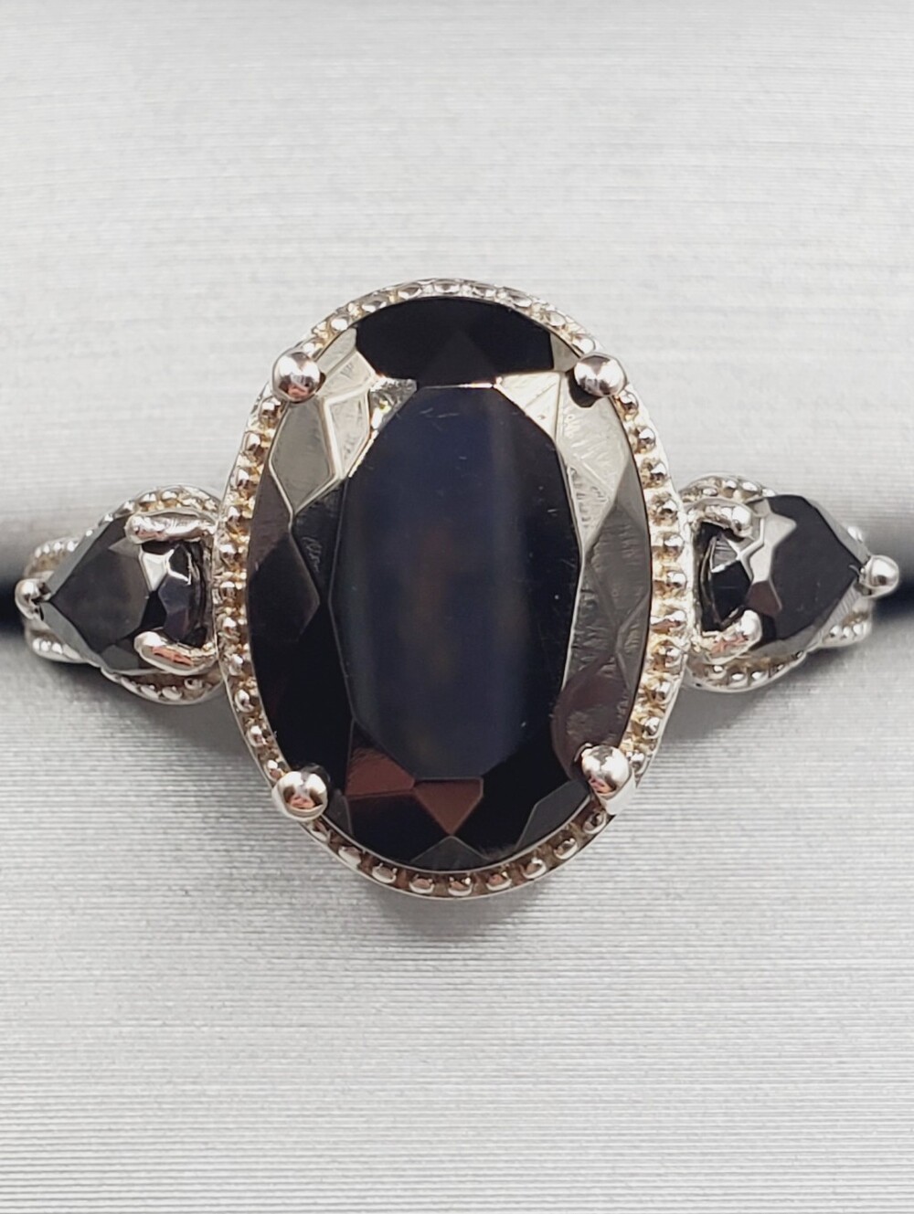 Oval & Pear Black Elite Shungite Platinum | 925 Sterling Silver Three Stone Ring